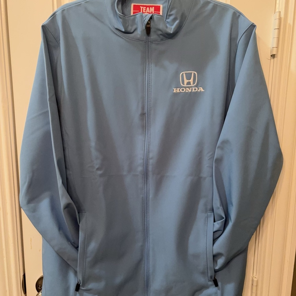 Blue Windbreaker with Standing Collar and Full-Length Zipper